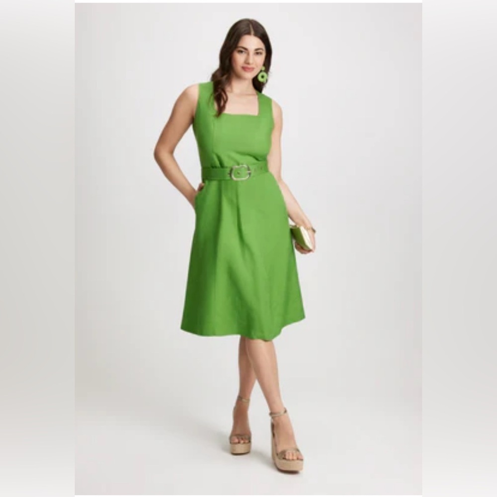 LAURA Green Belted Linen Dress - Size 8